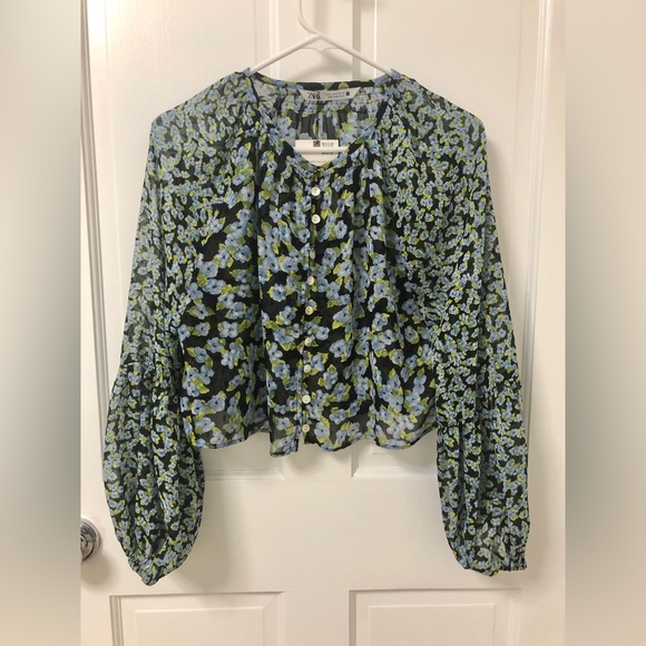 Zara Tops - NWT Zara Sheer Black button up top Blue Floral Print Long sleeve boho size S